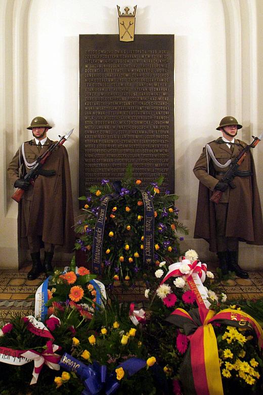 Warta honorowa przy pamiątkowej tablicy.